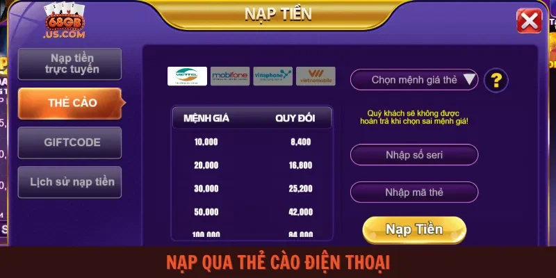 Nạp qua thẻ cào điện thoại